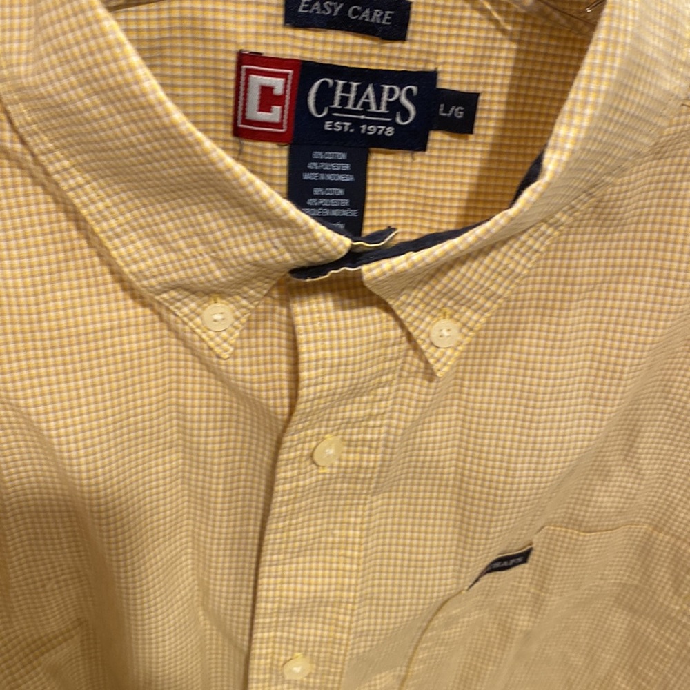 CHAPS EASY CARE button down shirt short sleeve size L mustered yellow checkered